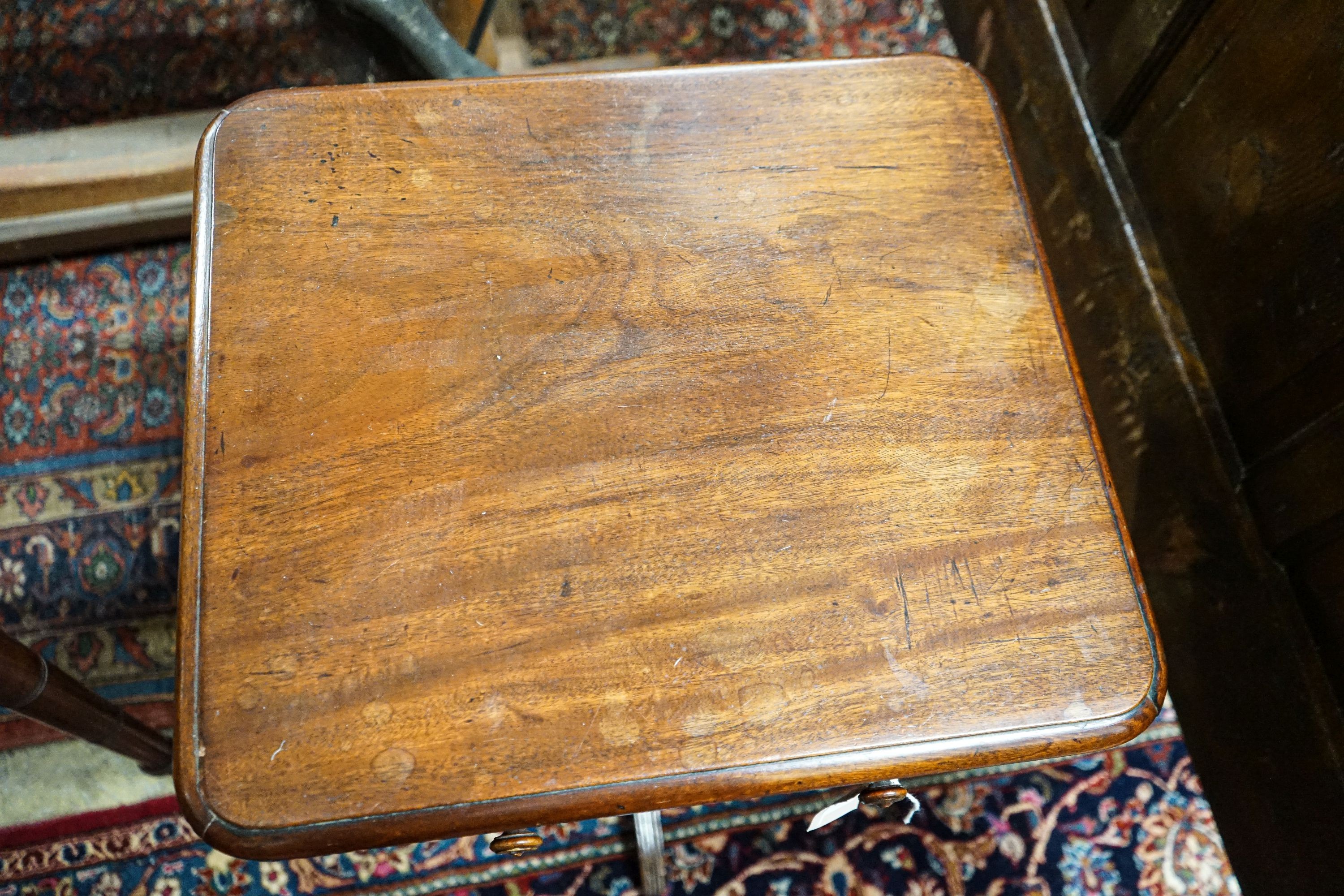 A Victorian square mahogany side table fitted single drawer, turned and carved single column on tripod base, width 49cm, depth 44cm, height 72cm